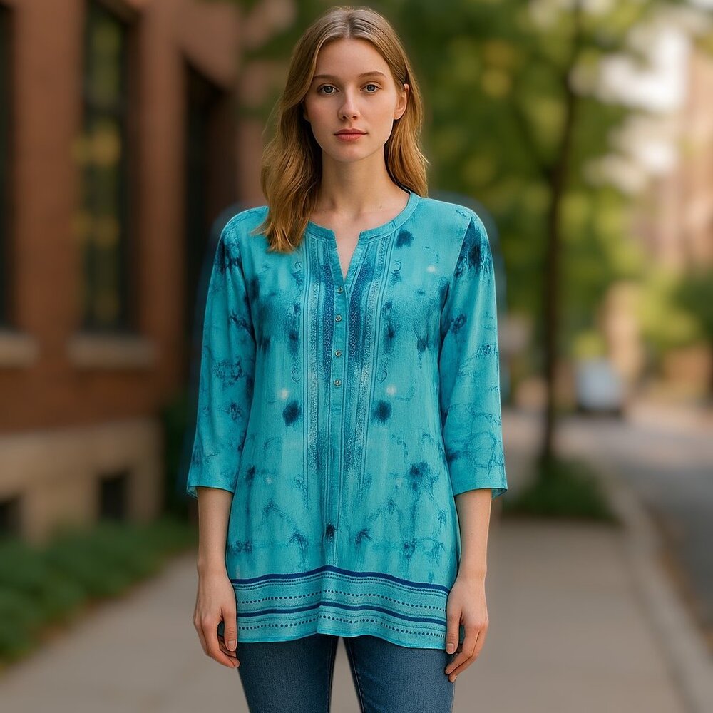 Nygard NWT Blue Half Button Up Pull Over 3/4 Sleeves Long Tunic Size Small